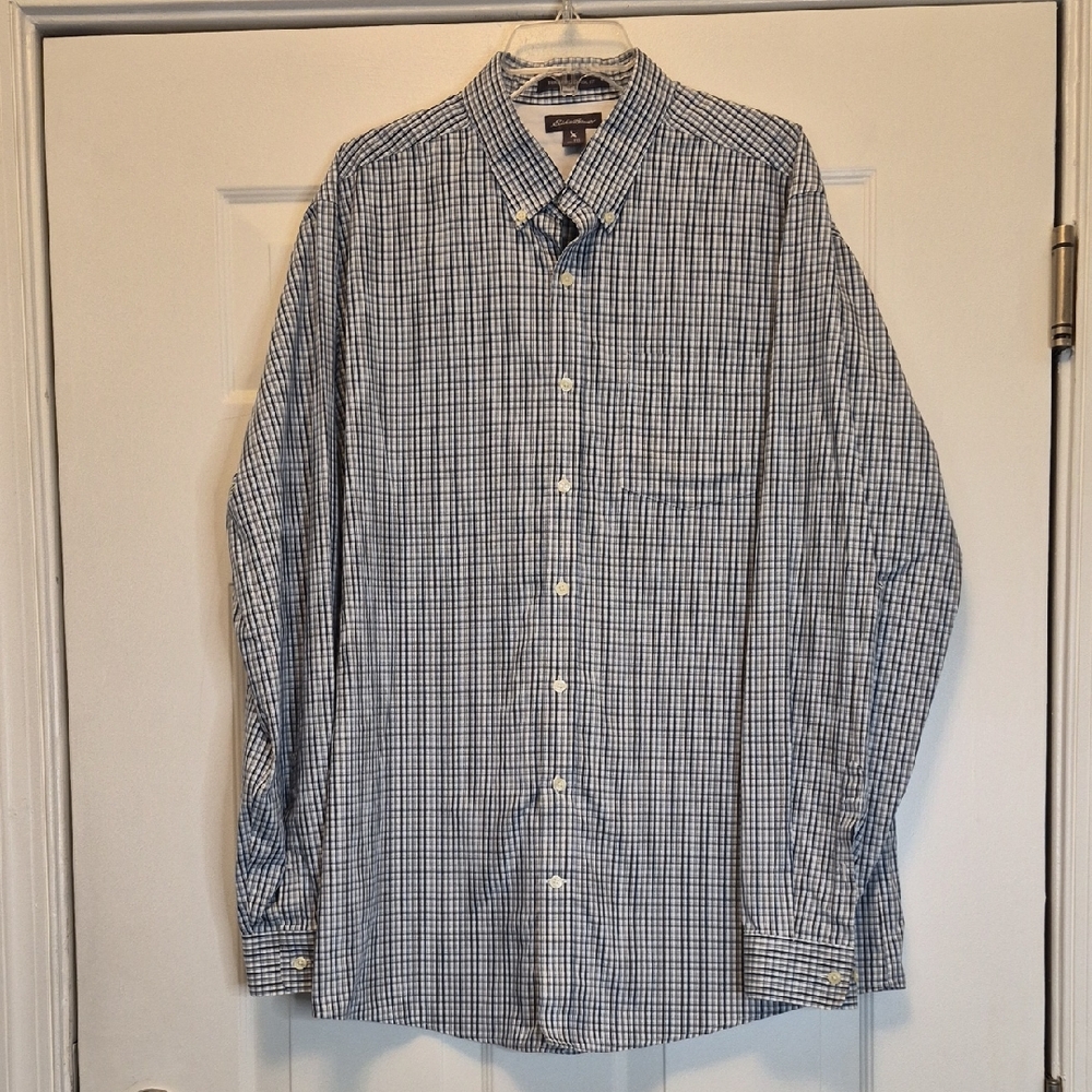 Eddie Bauer Wrinkle Free Blue and White Checked Classic Fit Shirt Size TXL